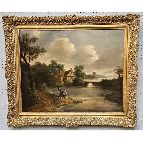 259 - Late 18thC Dutch School Oil on canvas depicting a Antwerp river with fishermen to foreground, unsign... 