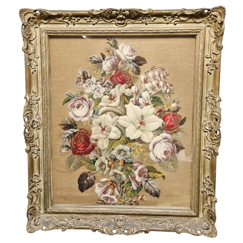 261 - 19thC English Floral embroidery and beadwork still life unsigned, in Gilt Gesso foliate frame. 49 x ... 