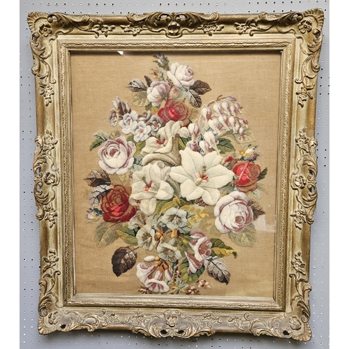 261 - 19thC English Floral embroidery and beadwork still life unsigned, in Gilt Gesso foliate frame. 49 x ... 