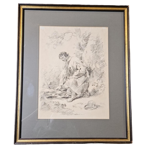 266 - Late 18thC Pencil sketch depicting a wood carrier in the manner of George Morland (1763-1804). 33 x ... 