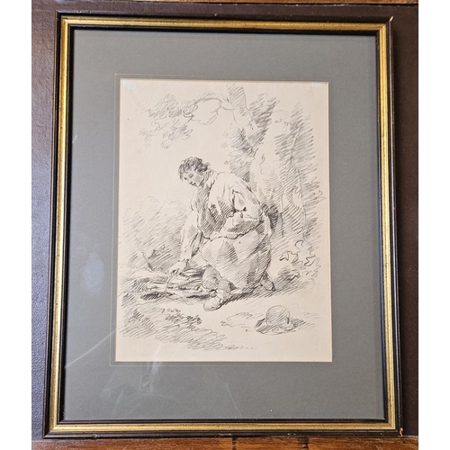 266 - Late 18thC Pencil sketch depicting a wood carrier in the manner of George Morland (1763-1804). 33 x ... 