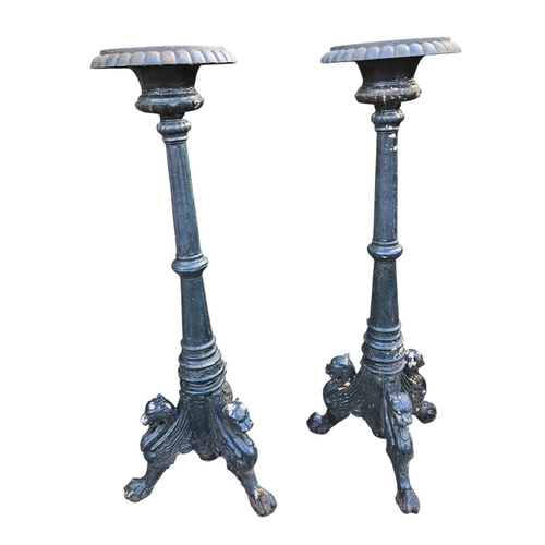 367 - Pair of Cast Iron Green Painted French Style tripod stands with Griffin scroll supports 121cm in Hei... 