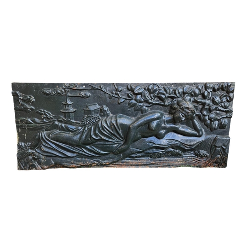 369 - Large Cast Iron black painted panel with semi nude and Pagoda decoration 111cm in Length