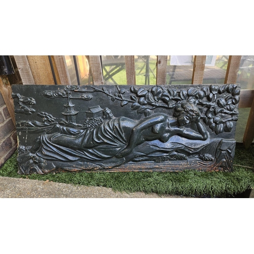 369 - Large Cast Iron black painted panel with semi nude and Pagoda decoration 111cm in Length