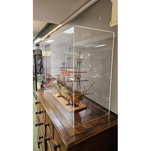 39A - Fine Scratch built model of a British Frigate mounted on wooden stand under Perspex case. 81cm x 68c... 