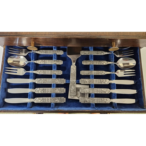 104D - Mid Century Konge Tinn of Norway Hardanger Bestikk pewter Canteen of Cutlery in 4 drawer wooden case