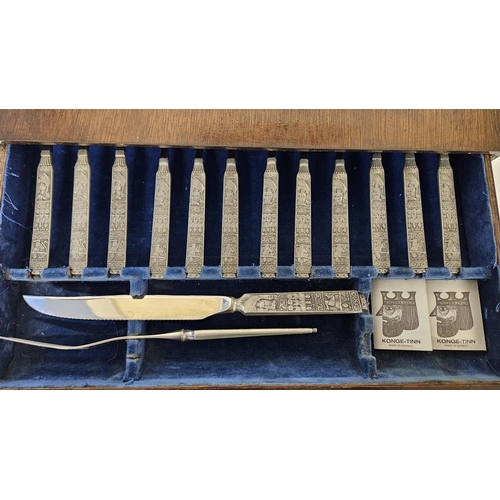 104D - Mid Century Konge Tinn of Norway Hardanger Bestikk pewter Canteen of Cutlery in 4 drawer wooden case