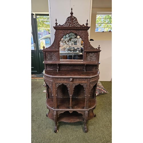 377 - Late 19thC Carved Anglo Indian hardwood Chiffonier of mirrored back with intricate pierced carvings ... 