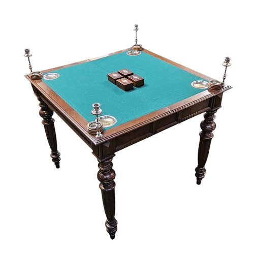 378 - Fine Edwardian Games table with cantilever base fitted interior with screw in candlesticks, money an... 