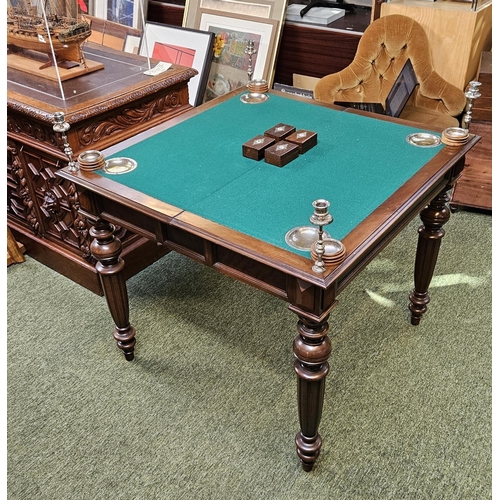 378 - Fine Edwardian Games table with cantilever base fitted interior with screw in candlesticks, money an... 