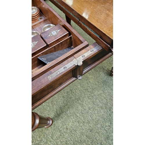 378 - Fine Edwardian Games table with cantilever base fitted interior with screw in candlesticks, money an... 