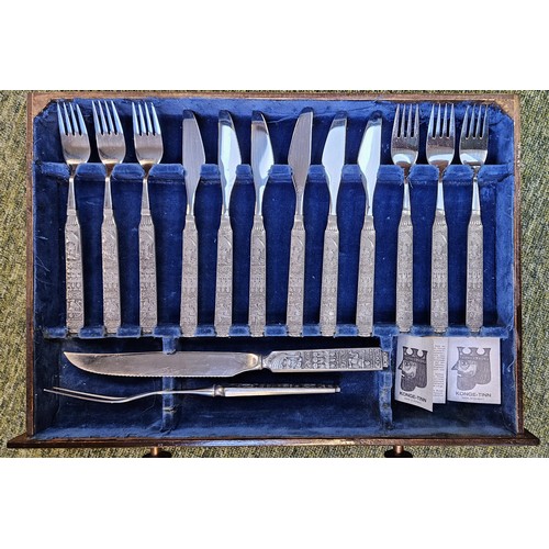 104D - Mid Century Konge Tinn of Norway Hardanger Bestikk pewter Canteen of Cutlery in 4 drawer wooden case