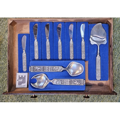 104D - Mid Century Konge Tinn of Norway Hardanger Bestikk pewter Canteen of Cutlery in 4 drawer wooden case