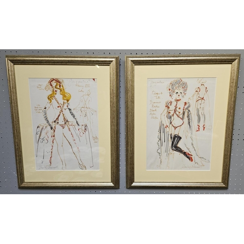 306 - Shirley Ann Russell British costume designer, pair of framed watercolours Henry VIII signed 23 x 33c... 