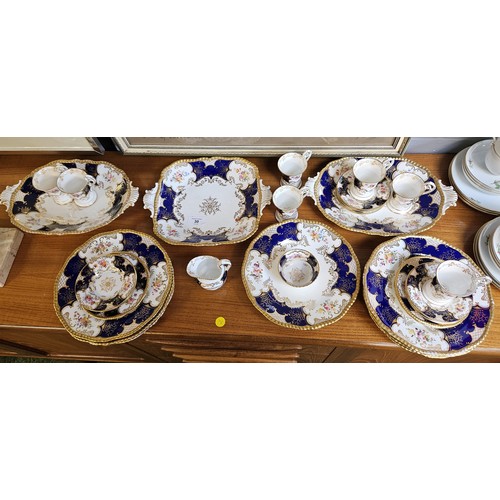 30 - Collection of Coalport blue batwing pattern tea wares, to include; 2 Serving dishes, Sandwich plate,... 