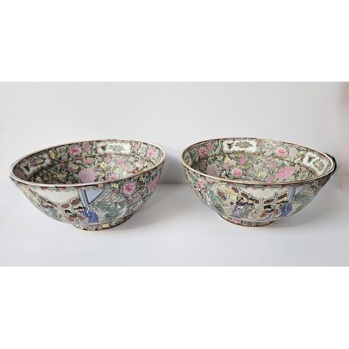 72 - Pair of Chinese Republic Famille Rose Bowls decorated with Peony, Chrysanthemum, Butterflies  and fi... 