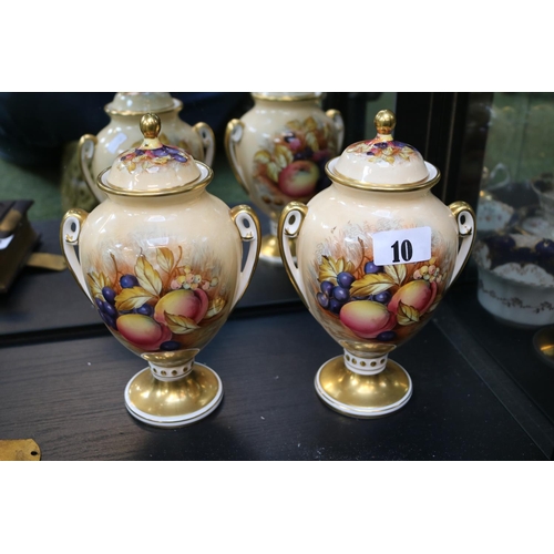 10 - Aynsley Orchard Gold pair of twin handled vases with covers.  Decorated with Fruit and Flowers with ... 