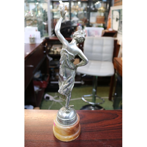 111 - Art Deco Chrome Figure of a dancing woman on cylindrical marble base 35cm in Height