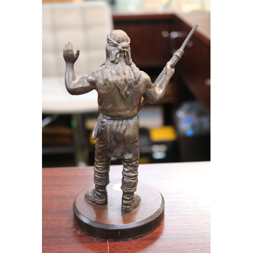 13 - 20thC Cast Bronze figure of an American Indian unsigned on wooden circular plinth. 19cm in Height