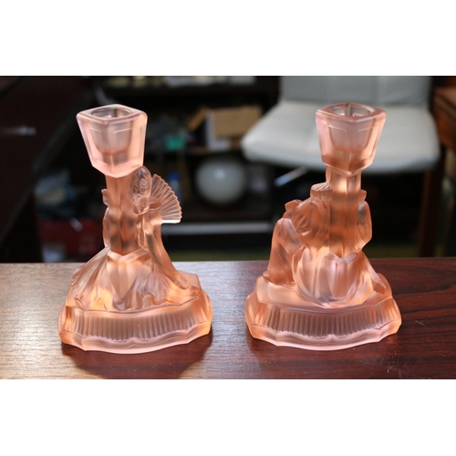 135 - Pair of Walther & Sohne Art Deco Glass Dressing table Harlequin Candlesticks