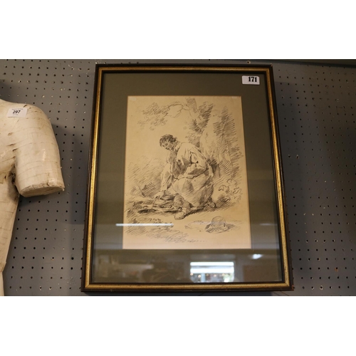 171 - Late 18thC Pencil sketch depicting a wood carrier in the manner of George Morland (1763-1804). 33 x ... 