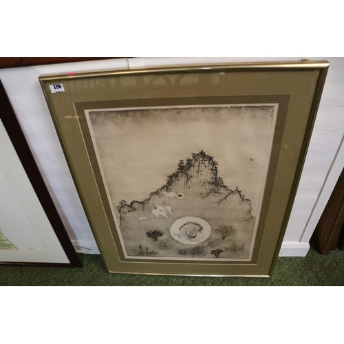 186 - Framed Conceptual Lithographic print depicting Fetus in womb, Lichen and winged eyes upon rocky outc... 