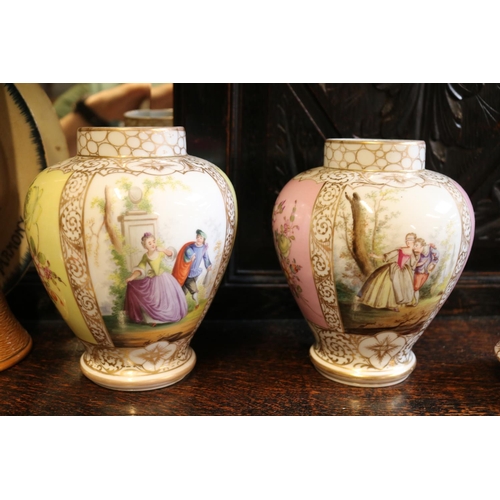 203 - 2 Zsolnay floral decorated vases, Pair of Doulton sleeve type vases, Pair of Dresden panelled vases ... 