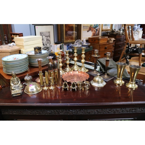 210 - Collection of assorted Brass and Copperware to include Candlesticks, Artillery shells, Romola Arts &... 