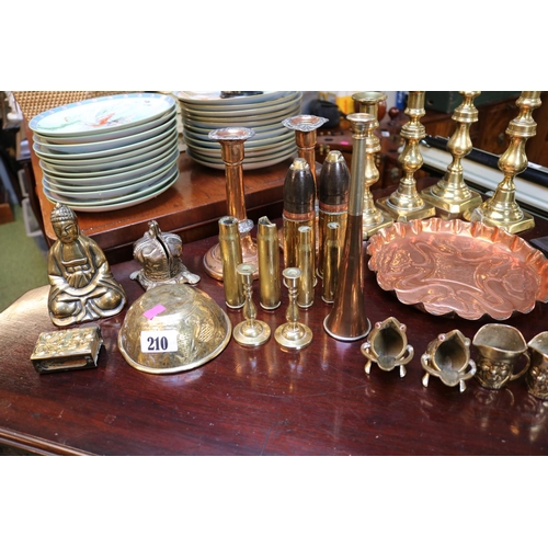 210 - Collection of assorted Brass and Copperware to include Candlesticks, Artillery shells, Romola Arts &... 