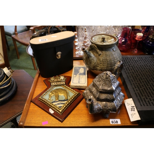 223 - HMS Ganges ships crest, Pair of cased binoculars, Studio Pottery Teapot, Silver plated Teapot and a ... 