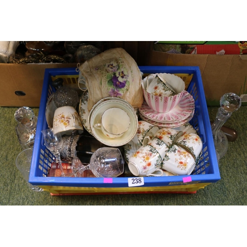 238 - Box of assorted 19thC Tea ware, Silverplated tableware, Glassware and a Silver topped scent bottle