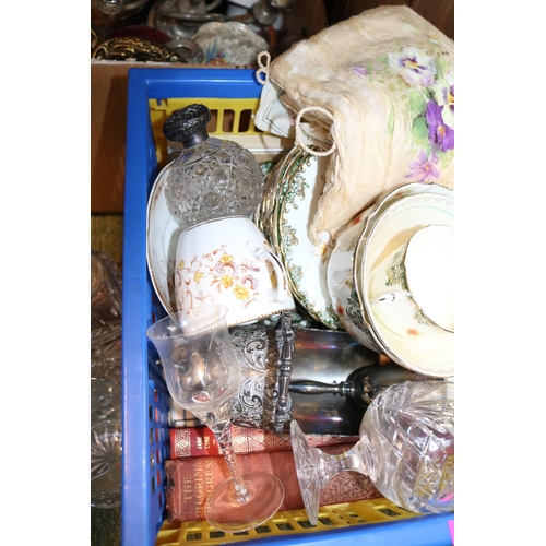 238 - Box of assorted 19thC Tea ware, Silverplated tableware, Glassware and a Silver topped scent bottle