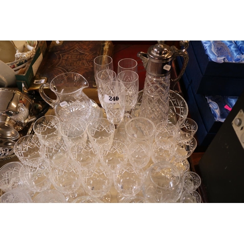 246 - Collection of assorted Cut Crystal glassware to include Claret Jug, Silver topped salts etc.