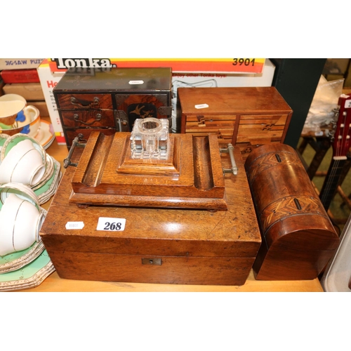 268 - Collection of Inlaid wooden boxes and an Oak inkstand with with brass handles