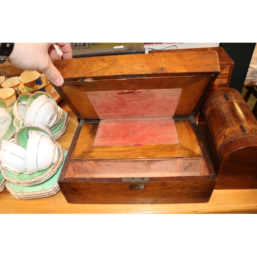 268 - Collection of Inlaid wooden boxes and an Oak inkstand with with brass handles