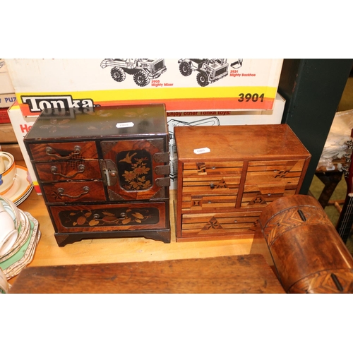 268 - Collection of Inlaid wooden boxes and an Oak inkstand with with brass handles