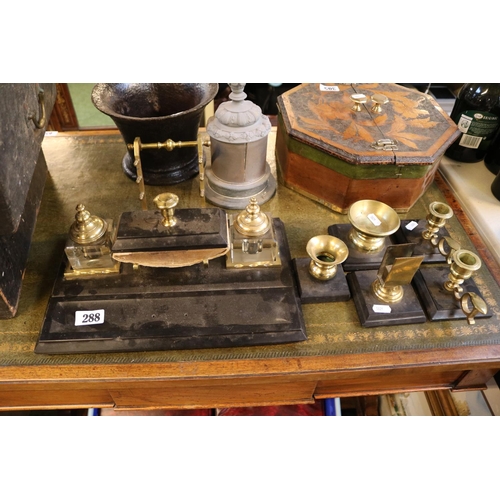 288 - Victorian slate Deskstand with Chambersticks, Match case holder etc.