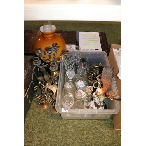 297 - Collection of assorted Glassware and Metalware and a Oil Lamp with brass base