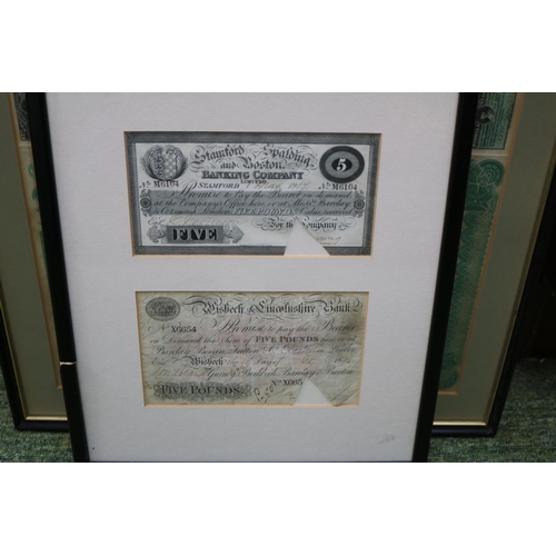 47 - Framed Stamford, Spalding & Boston Bankers Company £5 Note, Wisbech & Lincolnshire Bank £5 Note, Roc... 