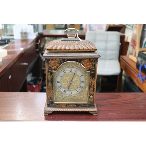 50 - Asprey of London Chinoiserie cased Bracket clock with Silvered dial and brass scroll Roman numeral d... 