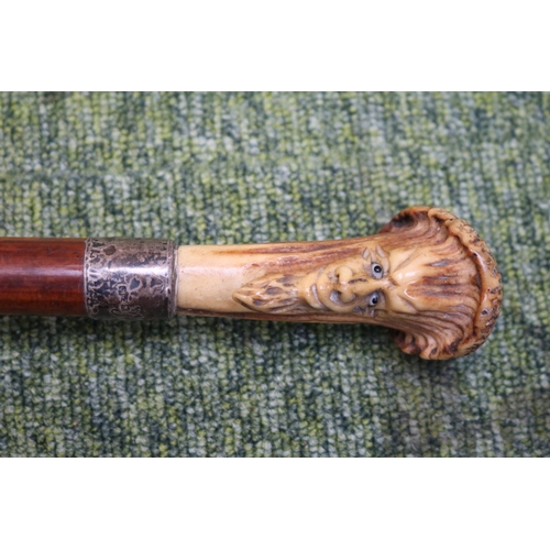 55 - 19thC Antler topped walking Cane with carved bearded face over Silver Collar and tapering fruitwood ... 