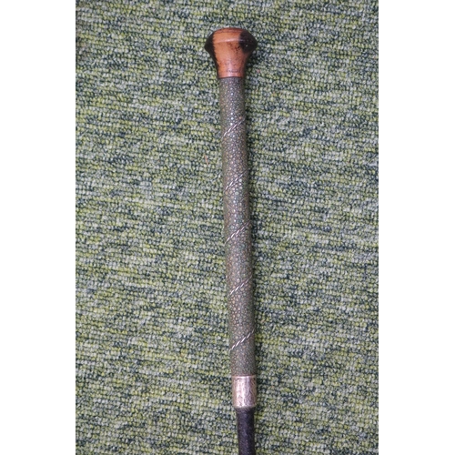 56 - Antique Riding Crop with Shagreen handle with silver Collar marked W H V Sterling Silver, turned Fru... 