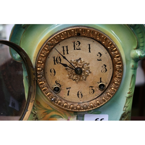 66 - Royal Bonn European ceramic mantel clock case with Ansonia USA New York movement. 30cm in Height