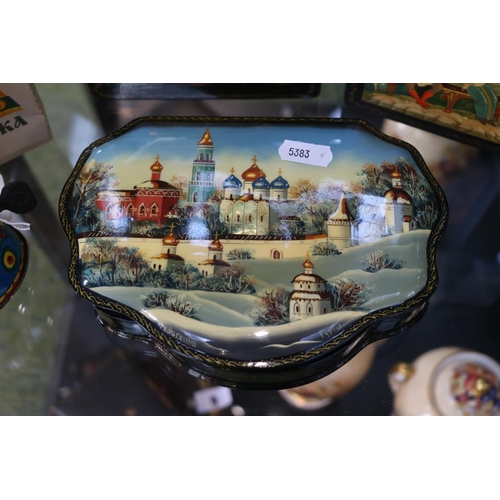 7 - Collection of 3 Russian Lacquered lidded boxes depicting winter scenes and a boxed Russian Tin plate... 