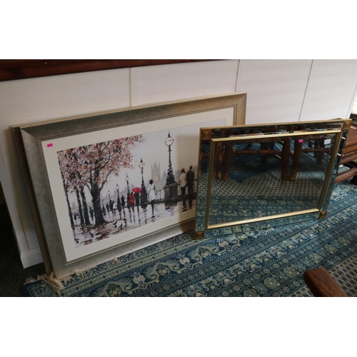 394 - 2 Large Framed Prints of the Embankment London and a view towards Eiffel tower and a Framed mirror