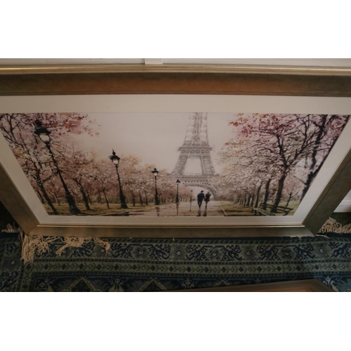 394 - 2 Large Framed Prints of the Embankment London and a view towards Eiffel tower and a Framed mirror