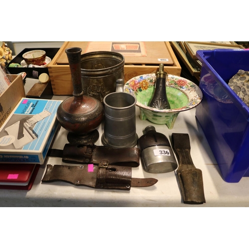 336 - Copper Powder Flask, 3 Leather Knife Frogs, Persian turned vase and assorted items