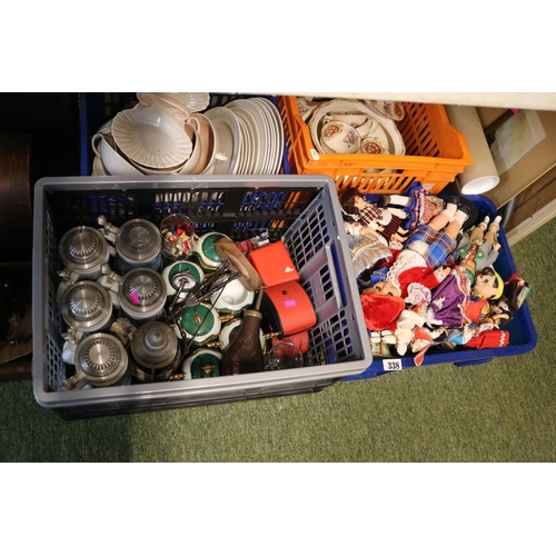 338 - 2 Boxes of assorted items to include Copper Powder flask, Watches, Beer steins and collectors dolls