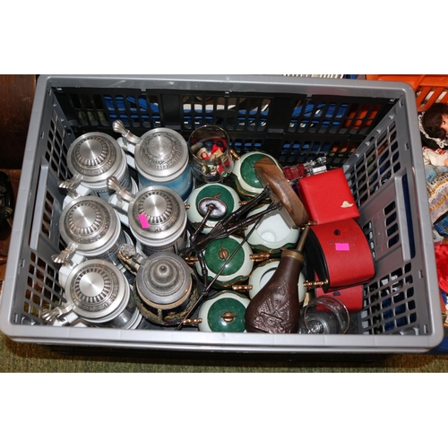 338 - 2 Boxes of assorted items to include Copper Powder flask, Watches, Beer steins and collectors dolls