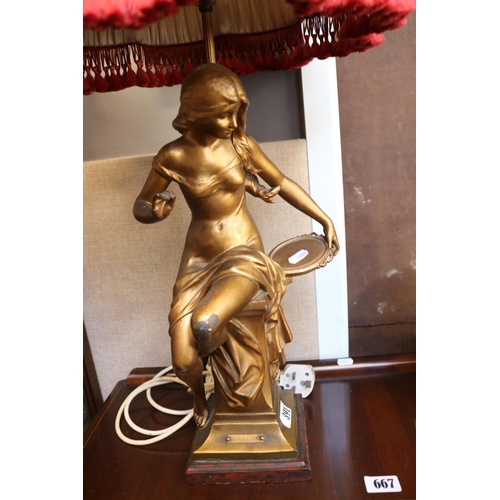 391 - 19thC Gilt Spelter figural Lamp base 'Jeunesse' with shade mounted on marble base